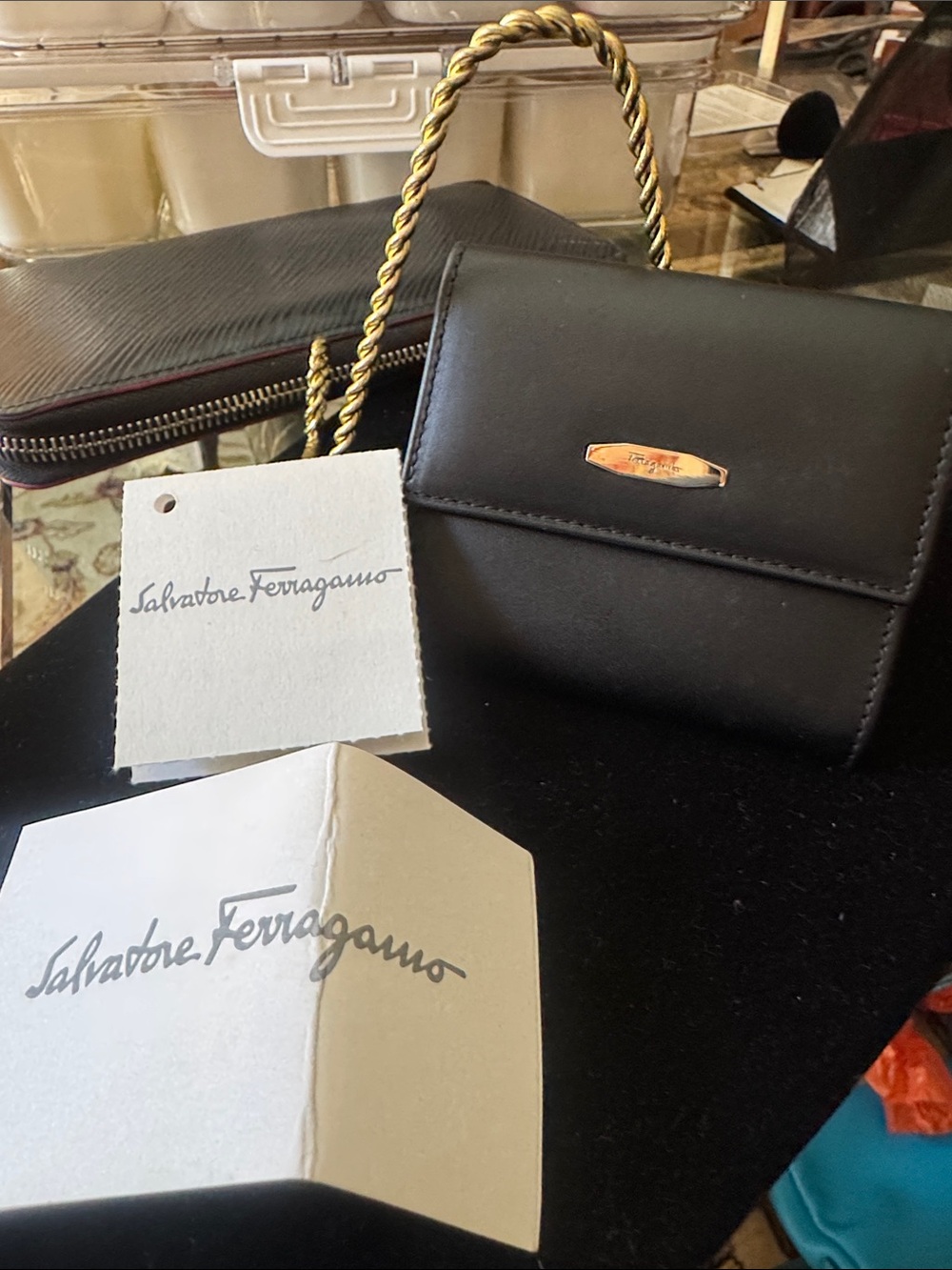 Salvatore Ferragamo Black Leather coin and card holder 3” x 3”